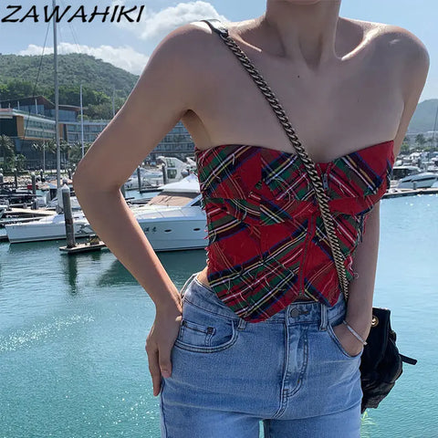 Tank Top American Retro Strapless Tube Slim Y2K Aesthetic Zipper Designed Vintage Plaid Patchworl Streetwear