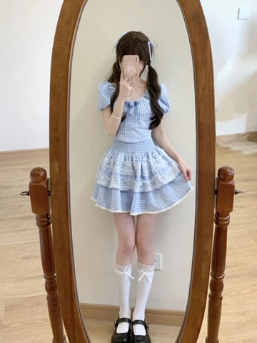 Voguable Lolita Kawaii Suit Woman Lace Sweet Plaid Set Casual Short Tops Princess Party Y2k Mini Skirt Clothing Chic