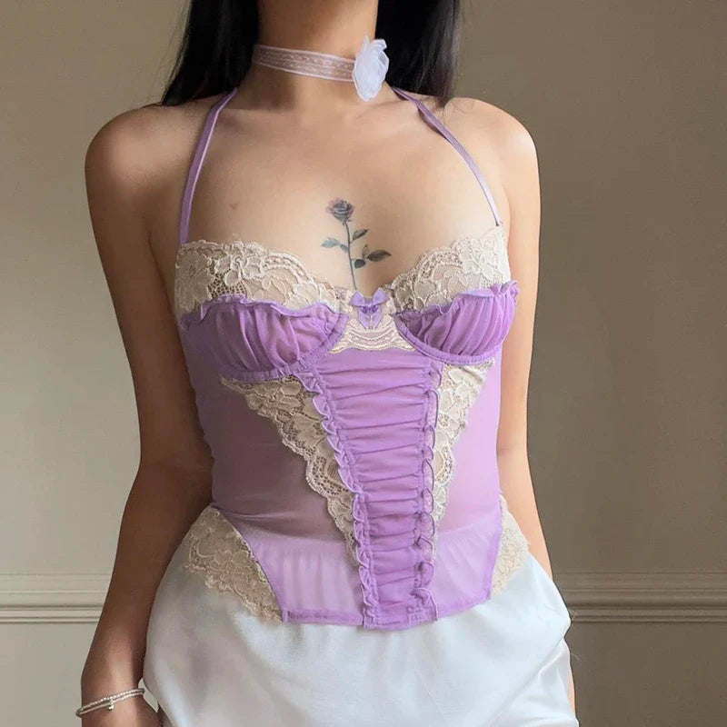 Voguable Coquette Lace Patchwork Corset Backless Criss-cross Bandage Halter Tops Y2K Aesthetic Camis Fairycore Tanks