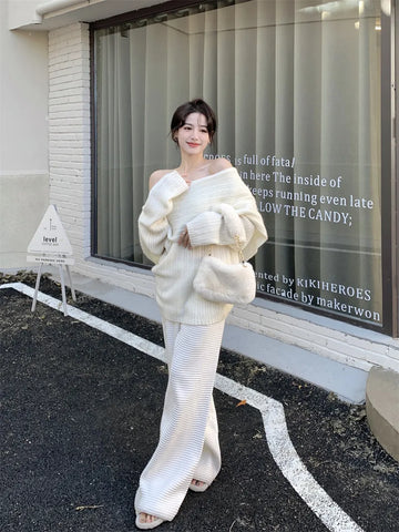 Design White Knitted Sweater Long Sleeve Pure Color Korean Y2k Clothing Elegant Pullover Female