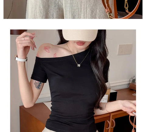 Solid Off Shoulder Short Sleeve T Shirt Simple Basic Single Sleeved Jumper Top Streetwear Slim Fit FeY2K Clothes Tees