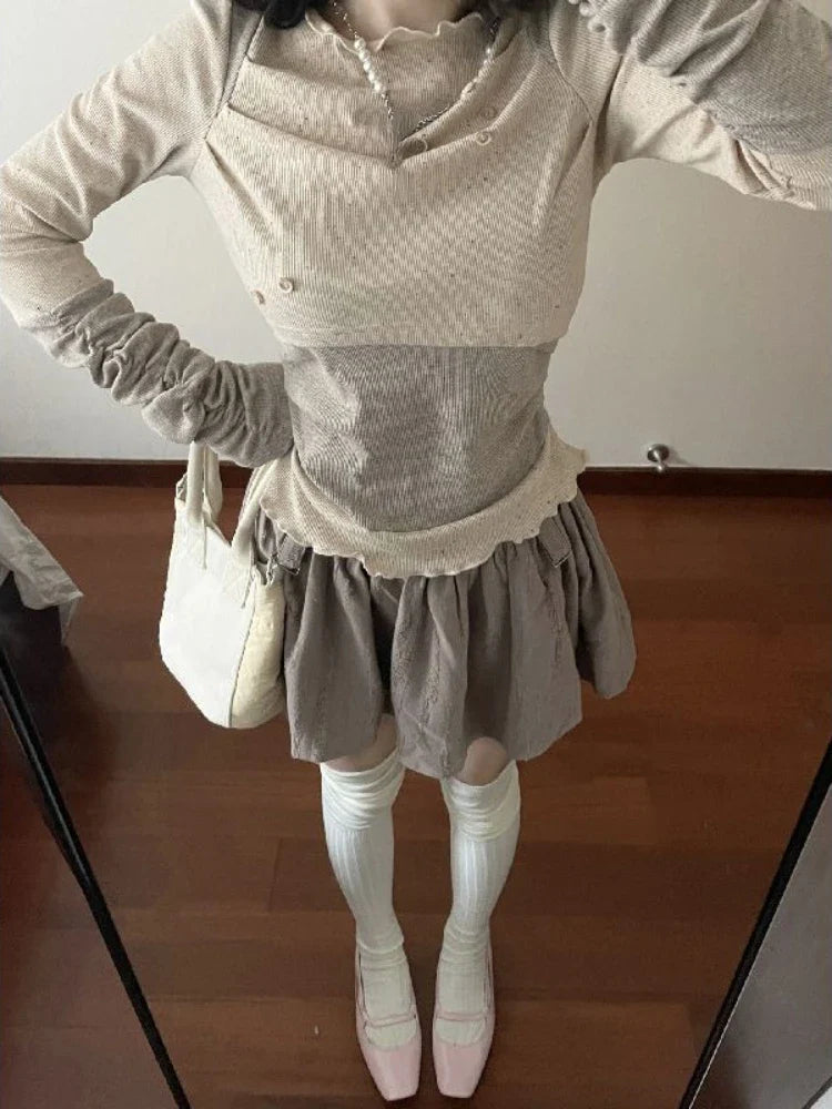 Voguable Elegant Casual Outwear 2 Piece Skirt Set Woman Slim Bodycon Knitted Blouse + Sweet Y2k Mini Skirt Suit Chic