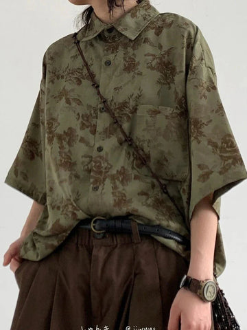 Harajuku Y2K Shirt Loose Vintage Print Streeetwear Blouse Oversize Half Sleeve FeCasual Retro Japan Bf Tops New