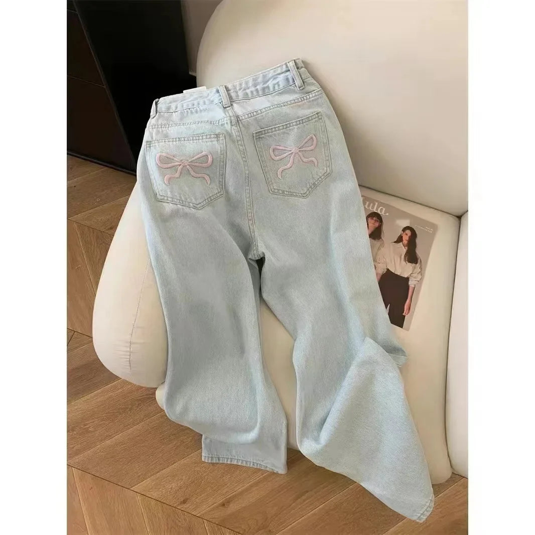 Voguable Blue Jeans for High Quality High Waist American Wide Leg Pants Bow Embroidery Y2K Vintage Straight Trousers