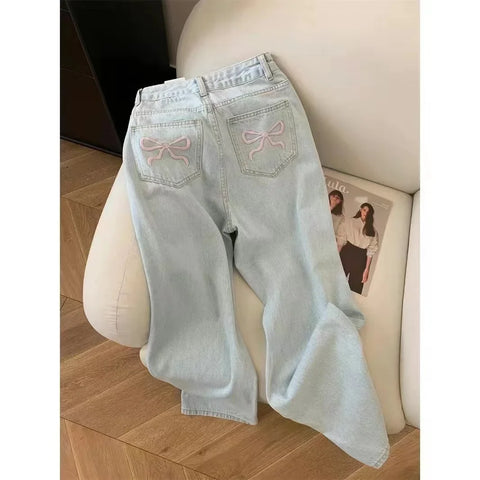 Voguable Blue Jeans for High Quality High Waist American Wide Leg Pants Bow Embroidery Y2K Vintage Straight Trousers