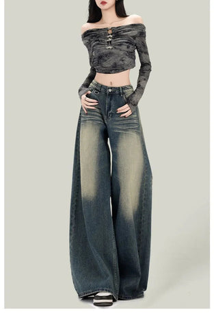 Streetwear Retro Jeans Loose High Waist Y2K Denim Pants Casual American Harajuku Fall FePockets Wide Leg Trousers New
