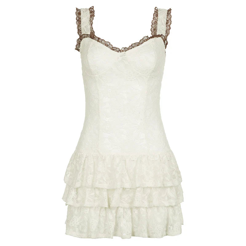 Voguable  French Style Contrast Ruched Tiered A-line Dress Holiday Party Cute Spaghetti Strap Sundress Beach Mini Robe Y2K