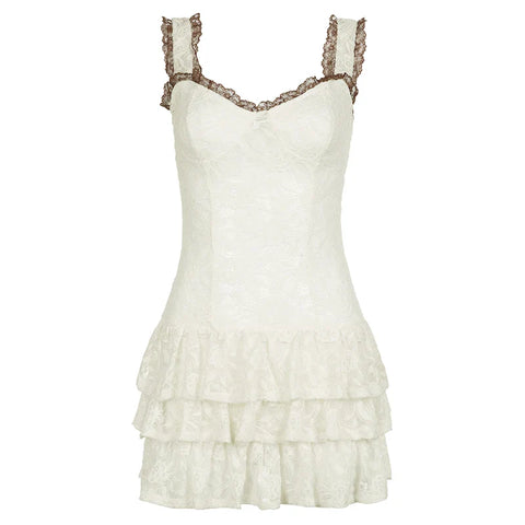 Voguable  French Style Contrast Ruched Tiered A-line Dress Holiday Party Cute Spaghetti Strap Sundress Beach Mini Robe Y2K
