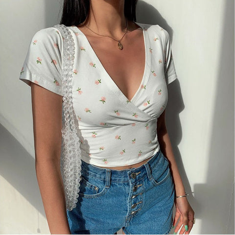 Y2K Vintage Floral Cross Crop Top T-shirt Cropped Slim Short Sleeve V-neck Clothes Tee Shirt Femme Woman Tops
