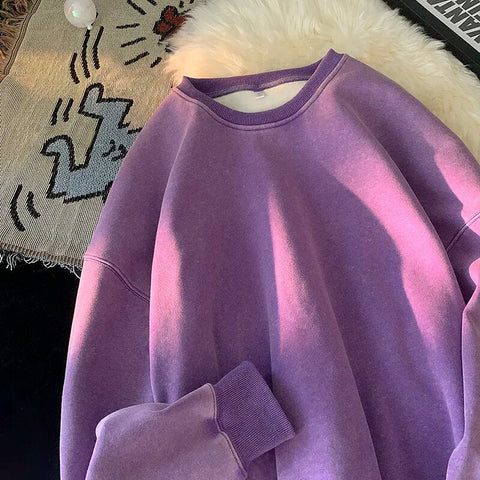 American Washed Old Pullovers Sweatshirts Loose Solid Color Large Size Warm O Neck Tops Hip Hop Y2k Sweatshirt