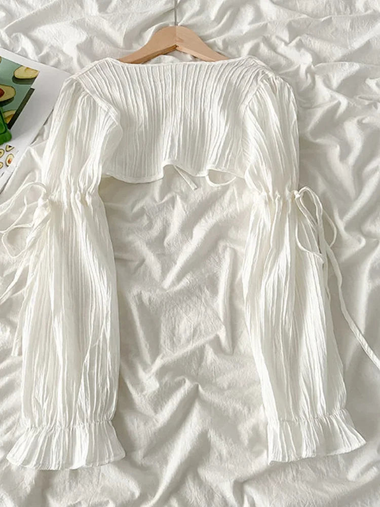 Y2k Sun Protection Cardigan Women' Clothing Thin Crop Tops Bandage Long Sleeve Blouse Cape Femme Ruffles Korean Sweater