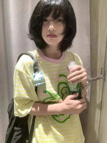 Apple Embroidery T Shirt Korean Style Striped Short Sleeved T-shirts Y2k Clothes Gentle O Neck Tees Top