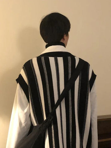 Knitted Sweaters for Y2k Vintage Waistcoat Man Clothes Striped Sleeveless Vest Aesthetic Black Korean Casual Cotton