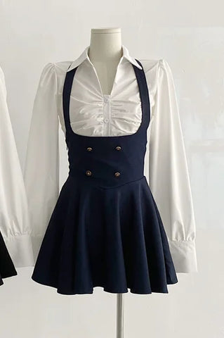 Voguable  Y2K 3 Piece Set Cropped Coat + Long Sleeve Shirt + High Waist Halter Ruffles Mini Dress Korean Chic Outfits