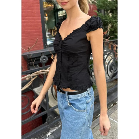 y2k Tank Top Clothes Solid Color Cap Sleeve Button Down Slim Fit Frill T Shirt 2000s Vest Streetwear