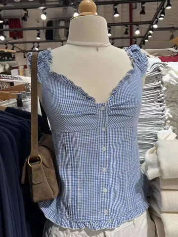 Ruffles White Basic Blouse Top for Woman Folds Single Breasted Sleeveless Tank Tops Casual Cotton Vest Y2k Sweet Camisole