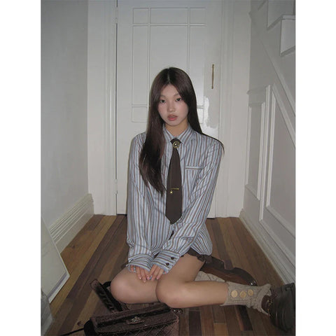 Y2K Harajuku Striped Shirts Vintage Streetwear Tie Long Sleeve Blouses Korean Preppy Slim All Match Tops New