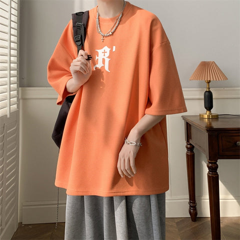 Waffle Letter Print T-shirts Urban Style  Half-sleeved Light Thin Breathable Y2k Unisex O-neck Tops Tee