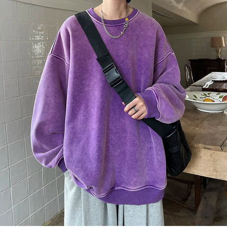 American Washed Old Pullovers Sweatshirts Loose Solid Color Large Size Warm O Neck Tops Hip Hop Y2k Sweatshirt