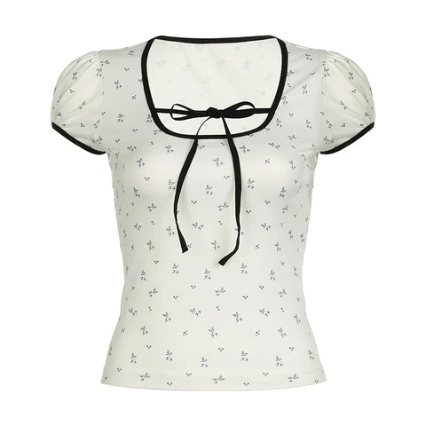 Voguable  Y2K Floral Print T-shirt Contrast Color Lace-up Square Collar Short Sleeve Tops French Style Cute Tees