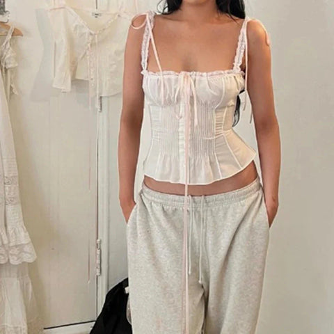 y2k Tops Spaghetti Strap Sleeveless Bustier Corset Camisole Pleated Vest 2000s Aesthetic Clothes Clubwear
