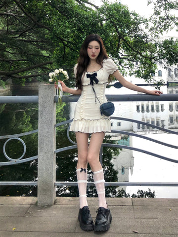 Voguable Woman Short Sleeve Y2k Mini Dress Party Slim Sweet Bow Dress Casual Outwear One Piece Dress Korean Chic