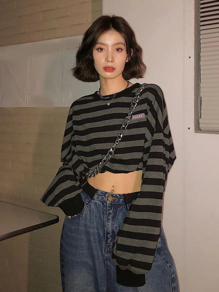 Voguable Cropped Y2K Striped Sweatshirts Harajuku Gothic Tops Vintage Streetwear Casual Bf Oversize Long Sleeve Pullover