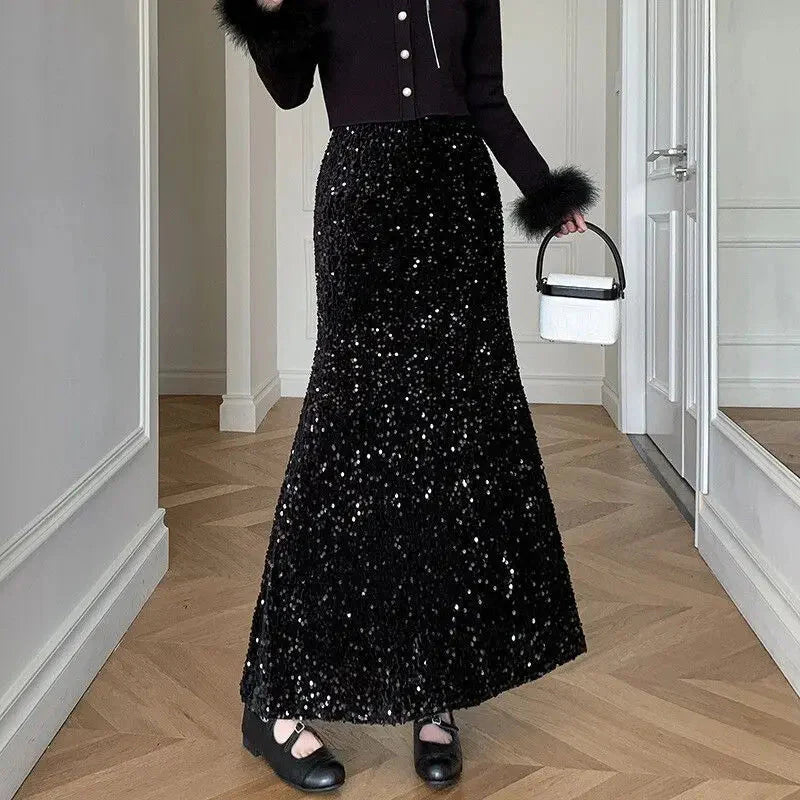 Pleuche Sequined Woman Clothing Elastic Waist Skirt High Waist Nightclub Girl Y2K Vintage Midi Skirts
