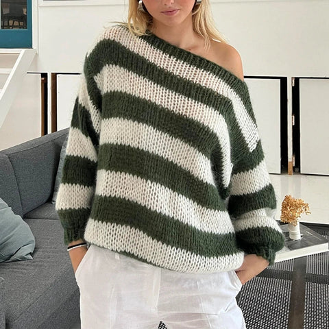 Striped Loose Fit Knitted Pullovers Long Sleeve Knitwear Vintage Grunge Y2K Sweater Preppy Clothes