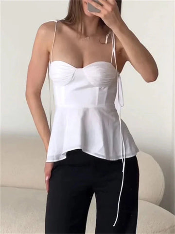 White Smocked Strappy Camisole Sleeveless Ruffle Slim Bra Solid Color Streetwear Y2k Tops Camisole