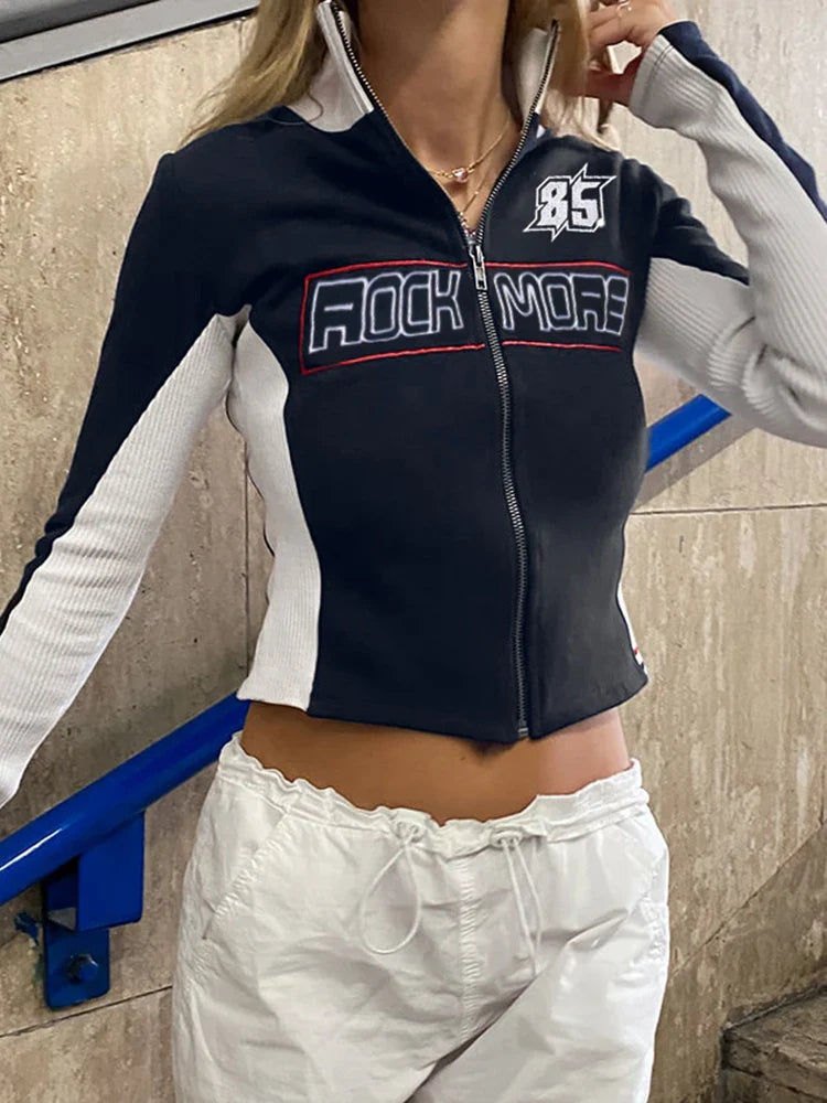 Voguable Patchwork Knitted Cropped Jackets Y2K Street Zipper Coats Long Sleeves Outerwear Moto & Biker