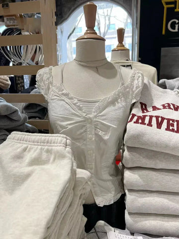 Ruffles White Basic Blouse Top for Woman Folds Single Breasted Sleeveless Tank Tops Casual Cotton Vest Y2k Sweet Camisole