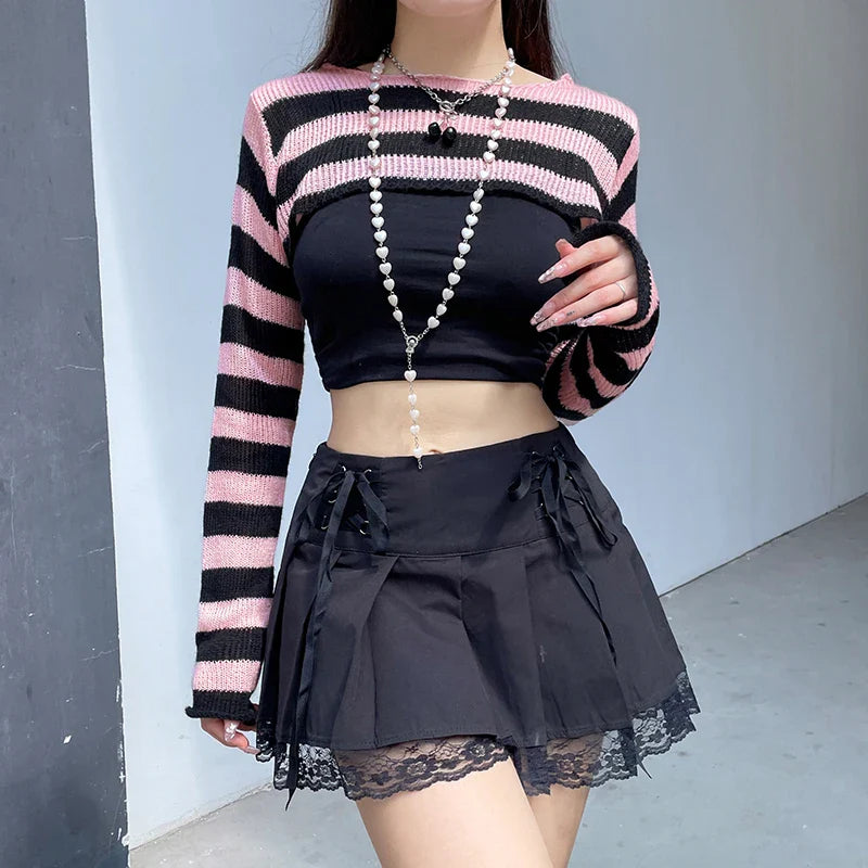 Voguable y2k Pink And Black Contrast Color Super-short Sweater Pullovers Dark Academia Cute Knitted Smock Tops Kawaii Jumper New
