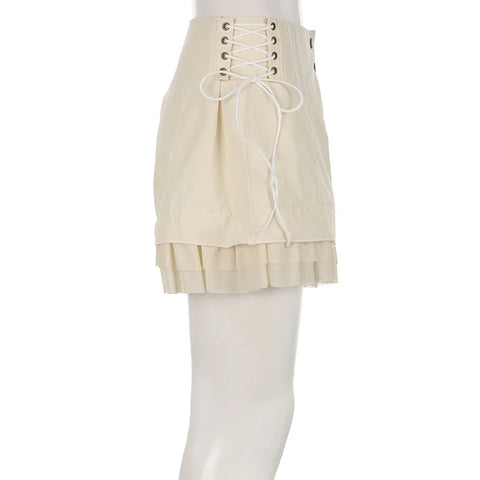 Voguable  Sweet Mesh Tiered Ruffle Shorts Skirts Khaki Wide Form Side Bandage Cute Pants Lolita Style Soft Girls Shorts Y2K