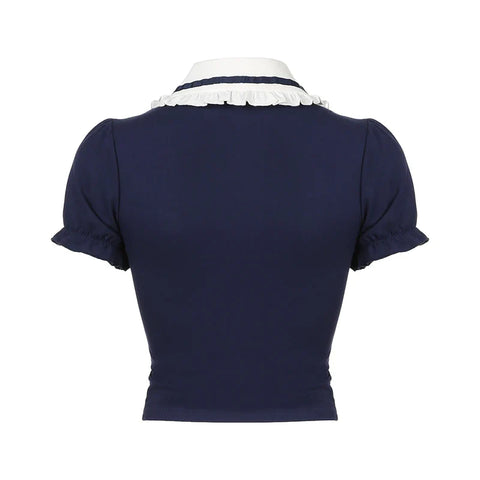 Voguable Preppy Style Contrast Patchwork Bow Peter Pan Collar Top Cute Puff Sleeve T-shirt Y2K