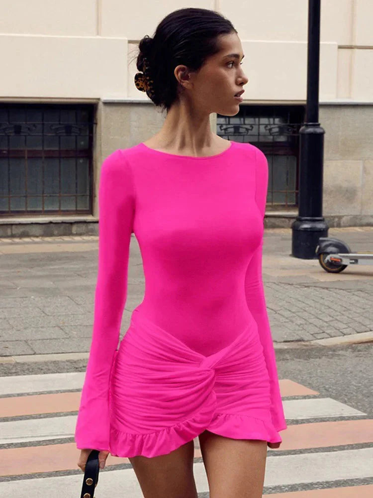 Ruffled Twist Skinny MIni Dress Long Sleeve Patchwork High Waist Party Dress FeY2k Bodycon Dress