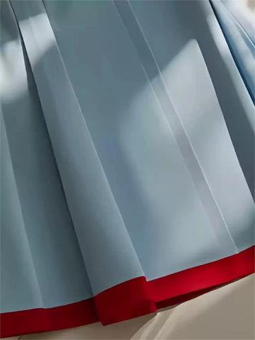 Bomon Y2K blue and red color contrast baseball slant skirt pre-fall design high-waisted mid-long skirt