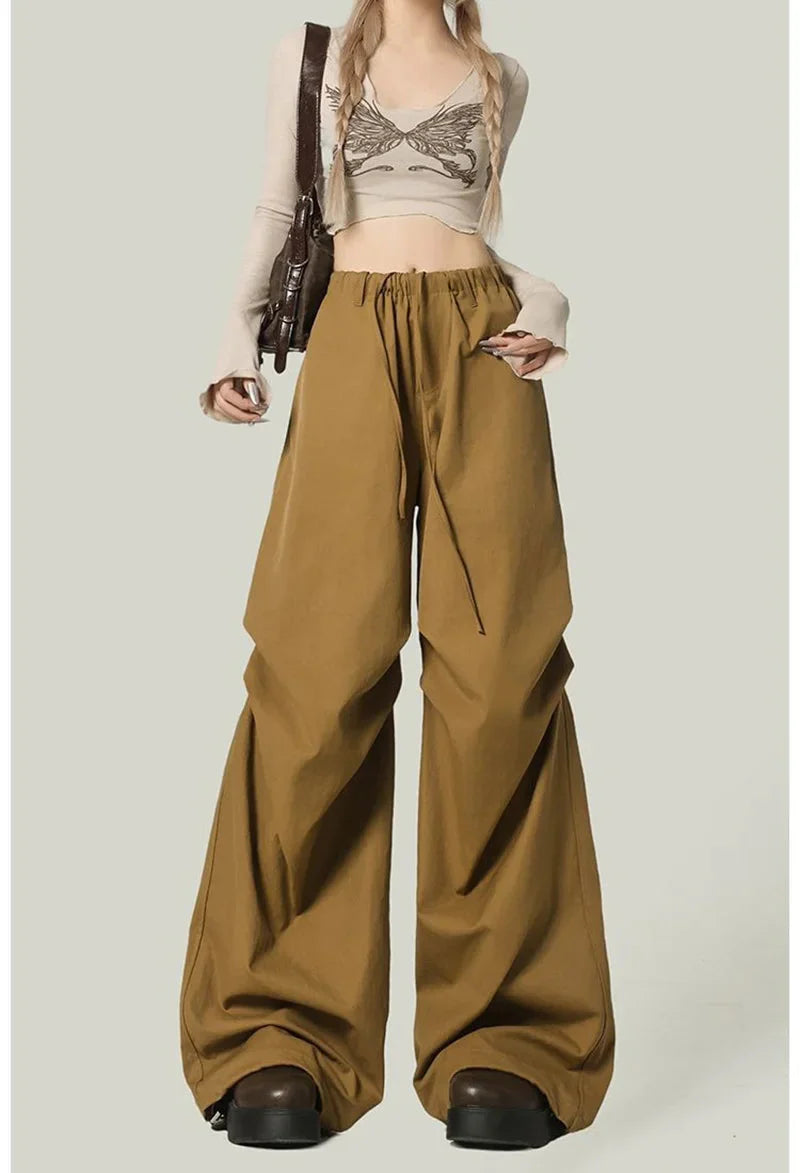 Black Y2K Streetwear Cargo Pant Vintage High Waist American Loose Trousers Hip Hop Retro Bf Wrinkles Paratrooper Pants New