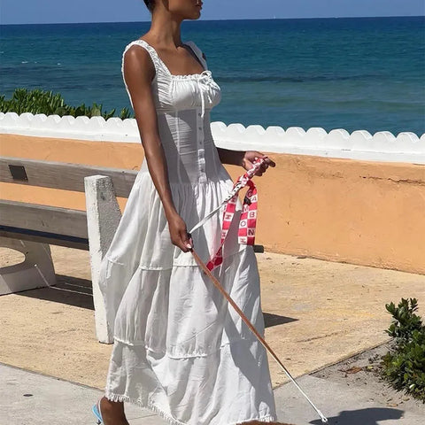 Voguable Elegant Square-Neck White Dress Slim Lace Up Sleeveless Dress Y2K Korean Buttons Beachwear Party Vestido New