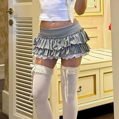 y2k Ruffles Pleated Mini Skirt Coquette Aesthetic A-line Low-waisted Short Skirts for 2000s Vintage Clothing Ladies