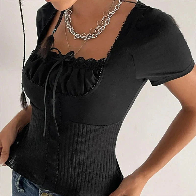 Fairycore Top y2k Coquette Clothes Lace Trim Square Collar Short Sleeve T Shirt 2000s Aesthetic Clothing