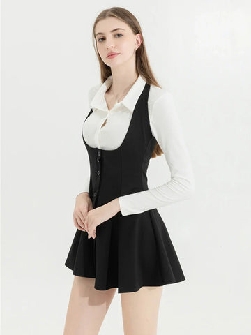 Voguable Korean Y2k Two Piece Sets Outfits Office Skirt Sets Lapel Cardigan Crop Tops + Suspender Mini Skirt Elegant Clothes