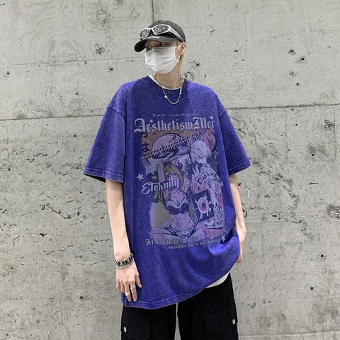 High Street  American Short Sleeve T-shirt Graffiti Loose Washed Trend Y2k Casual Top Tshirt Streetwear Cotton Tees