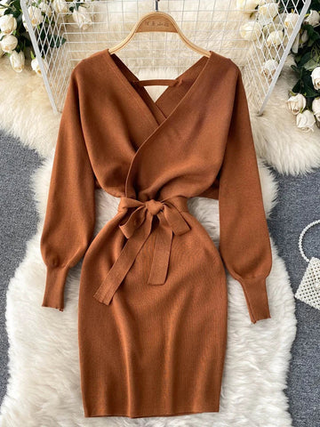 Y2K Casual Vestidos Dress  Winter Bodycon Knitted Sweater Dress Elegant  Office Ladies Dress