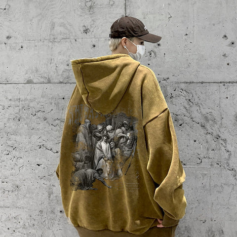Oversize Dark Style Graphic Acid Washed Hoodies Y2K Vintage Streetwear Loose Man Sweatshirts Basic Pullovers