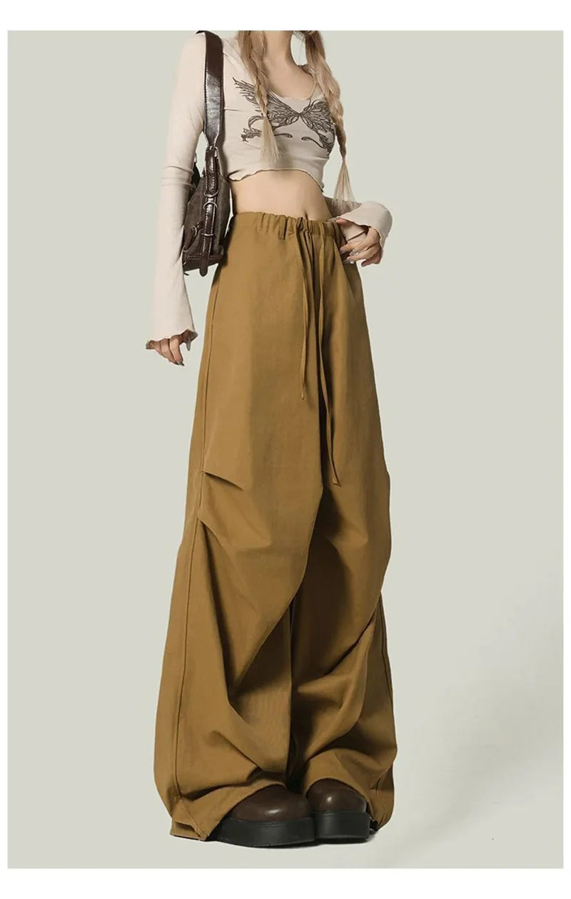 Black Y2K Streetwear Cargo Pant Vintage High Waist American Loose Trousers Hip Hop Retro Bf Wrinkles Paratrooper Pants New