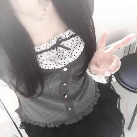 Voguable  Y2K Polka Dot Print Contrast Patchwork Knitted Tops Grey Cute Bow T-shirts Slim-fit Long Sleeve Knitwear