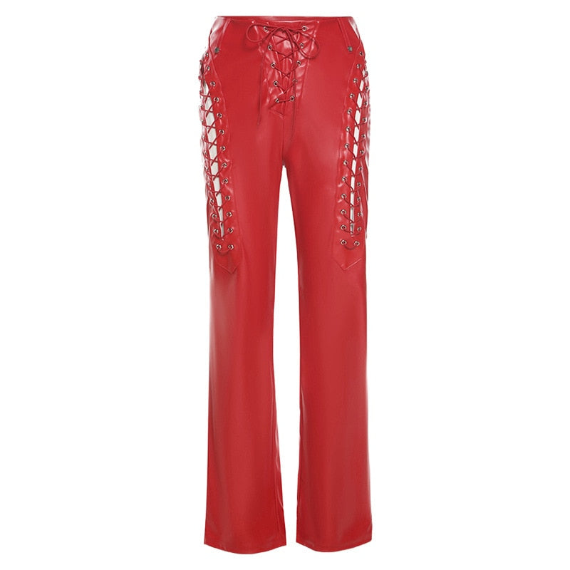 Lace Up PU Leather Pants Chic High Waist Hollow Out Y2K Drawstring Bandage Cut Out Gothic Faux Leather Trousers
