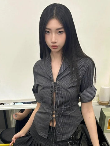 Vintage Coquette Blouses Korean Style Punk Streetwear Striped Print Bandage Hollow Out Slim Shirts Y2k