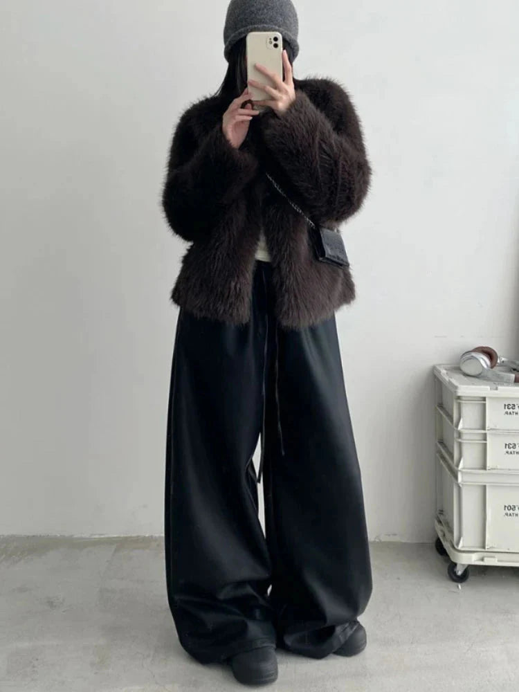 Black Pu Leather Pants Y2K Korean Elegant Drawstring Wide Leg Trousers High Waist Oversized Streetwear Trousers